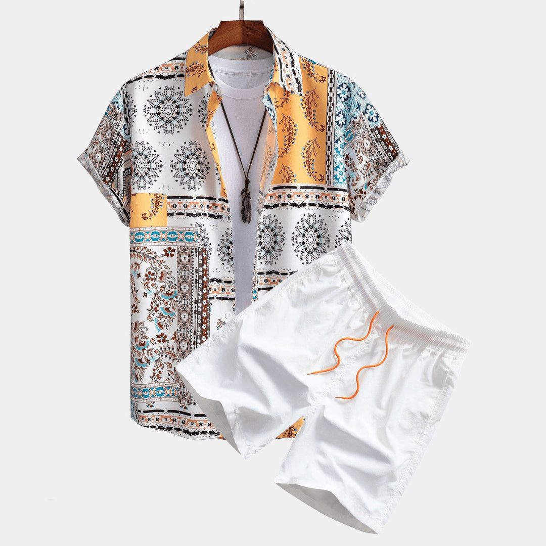 Homme Ensemble Deux Pièces Chemise Manches Courtes à Imprimé Patchwork et Short