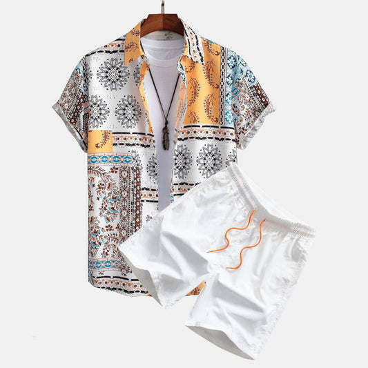 Homme Ensemble Deux Pièces Chemise Manches Courtes à Imprimé Patchwork et Short