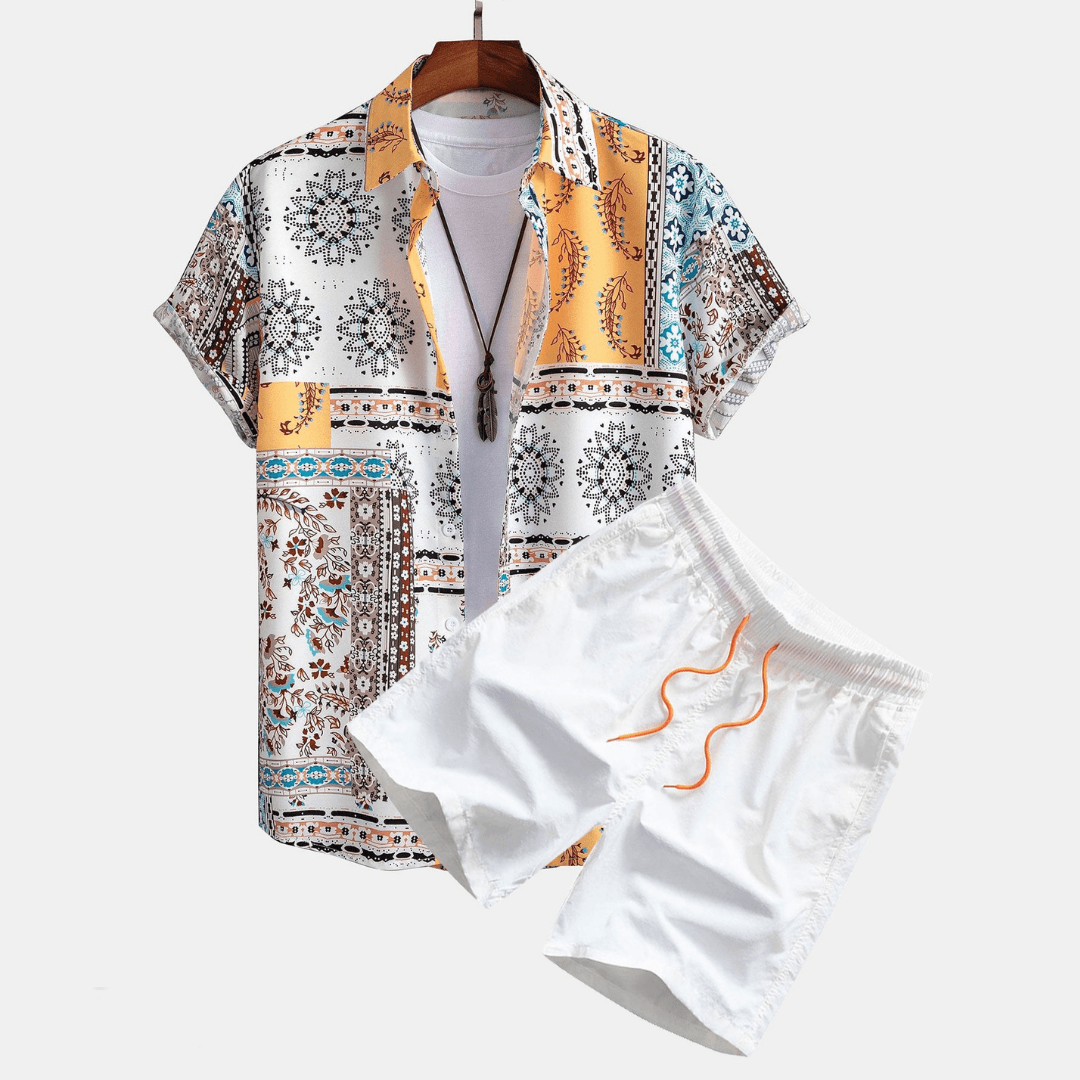 Men's Two-Piece Set Short Sleeve Patchwork Print Shirt and Shorts - 2
