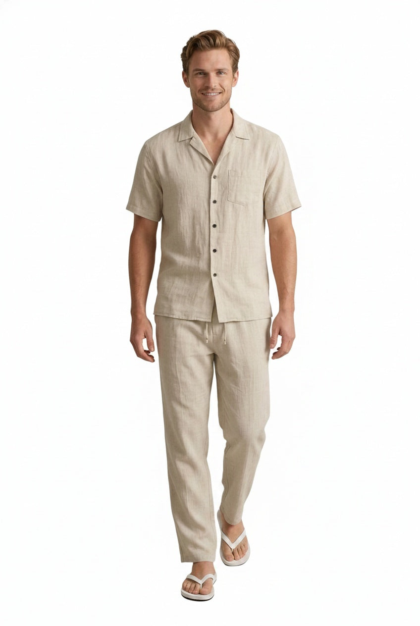 Homme Ensemble Deux Pièces Chemise Manches Courtes et Pantalon Droit Col Chemisier