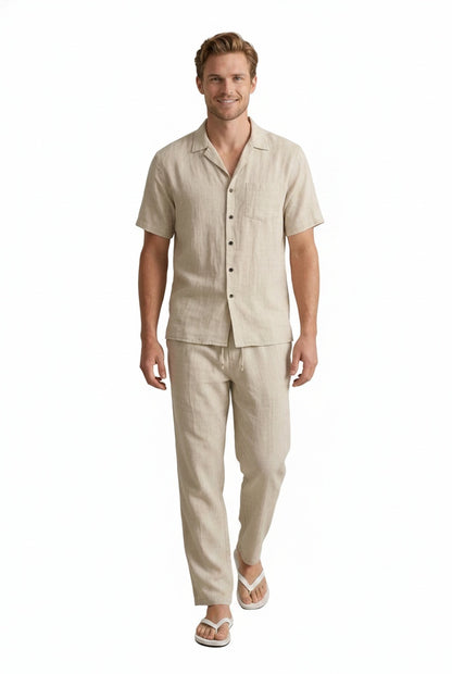 Homme Ensemble Deux Pièces Chemise Manches Courtes et Pantalon Droit Col Chemisier