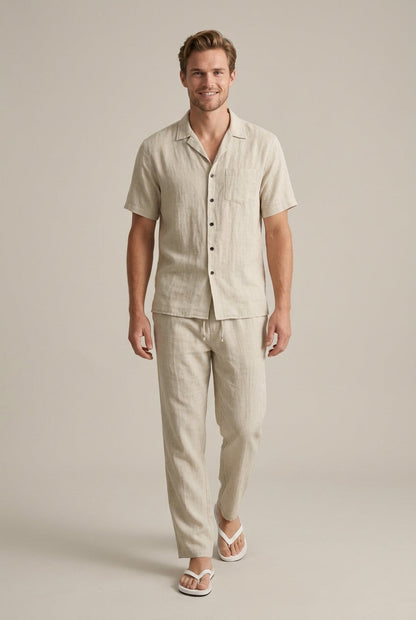 Homme Ensemble Deux Pièces Chemise Manches Courtes et Pantalon Droit Col Chemisier
