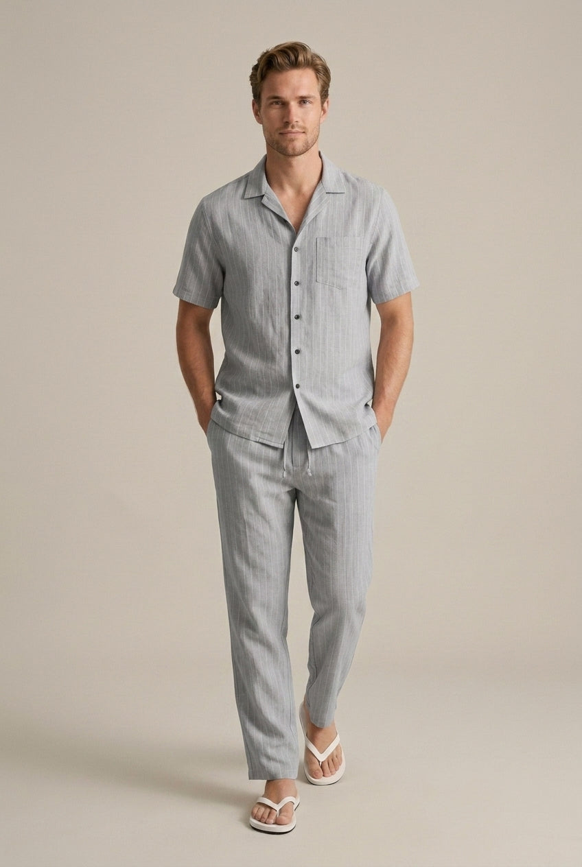Homme Ensemble Deux Pièces Chemise Manches Courtes et Pantalon Droit Col Chemisier