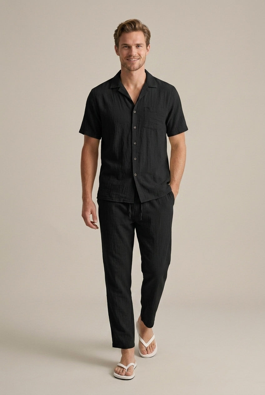 Homme Ensemble Deux Pièces Chemise Manches Courtes et Pantalon Droit Col Chemisier