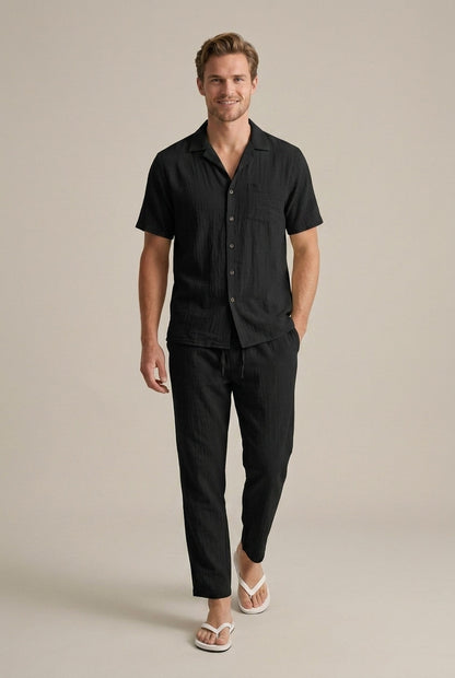 Homme Ensemble Deux Pièces Chemise Manches Courtes et Pantalon Droit Col Chemisier