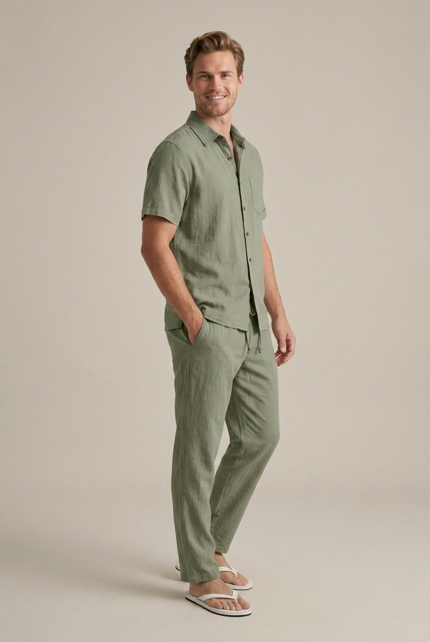 Homme Ensemble Deux Pièces Chemise Manches Courtes et Pantalon Droit Col Chemisier