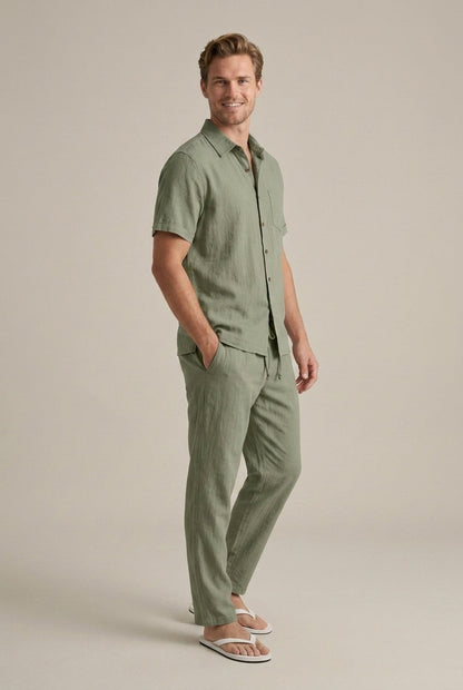 Homme Ensemble Deux Pièces Chemise Manches Courtes et Pantalon Droit Col Chemisier