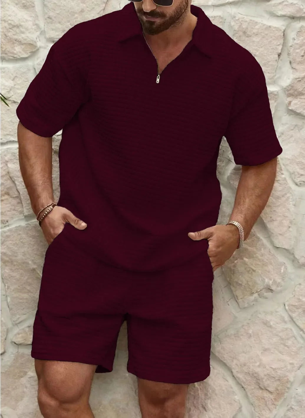 Homme Ensemble Deux Pièces Polo Manches Courtes avec Zip et Short