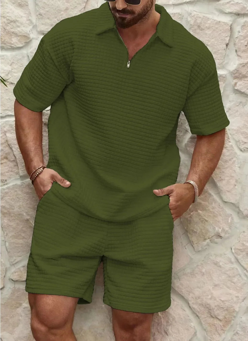 Homme Ensemble Deux Pièces Polo Manches Courtes avec Zip et Short