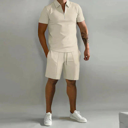 Homme Ensemble Polo Manches Courtes et Short avec Col Zippé