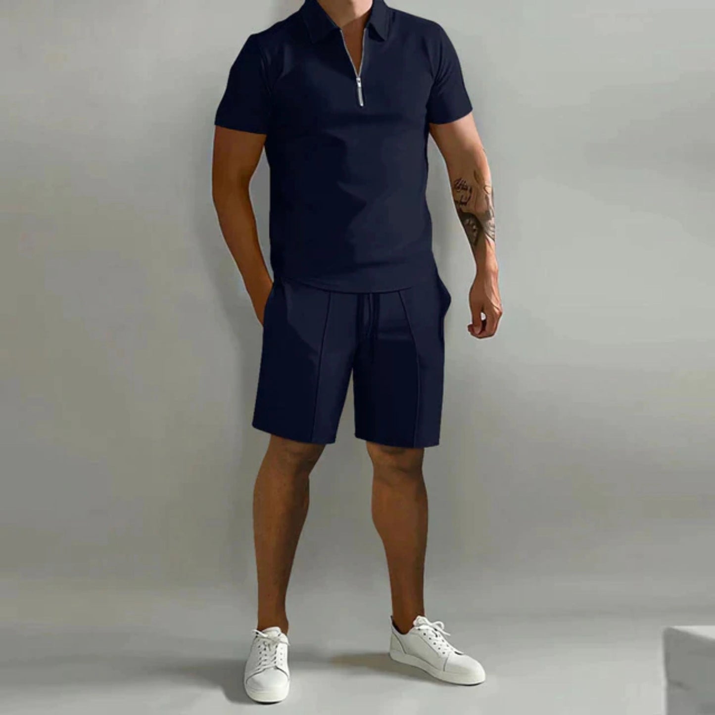 Homme Ensemble Polo Manches Courtes et Short avec Col Zippé