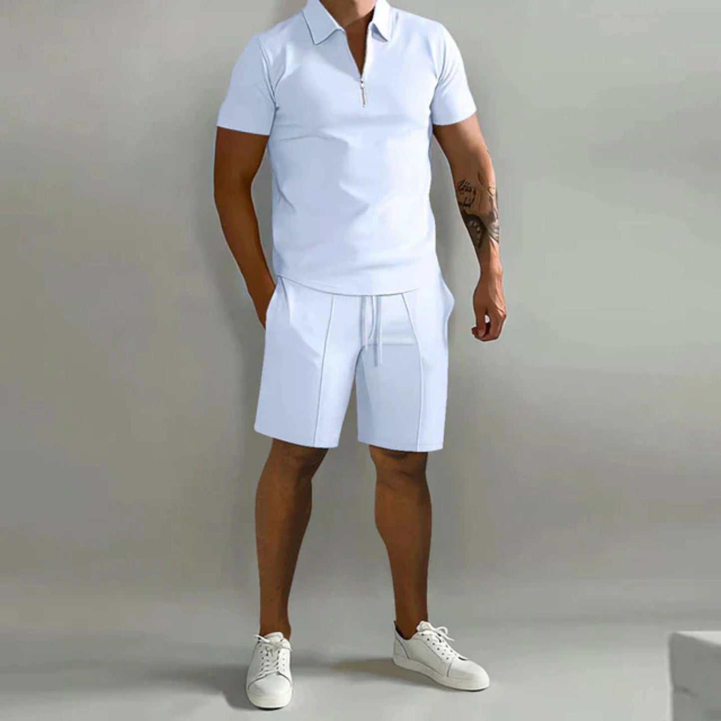 Homme Ensemble Polo Manches Courtes et Short avec Col Zippé
