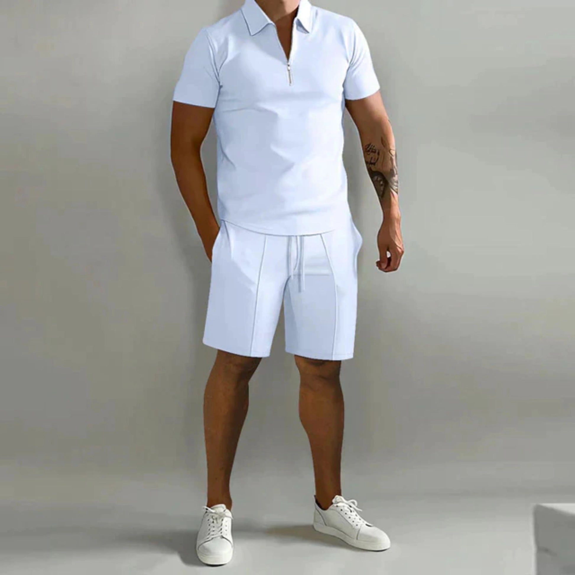 Homme Ensemble Polo Manches Courtes et Short avec Col Zippé