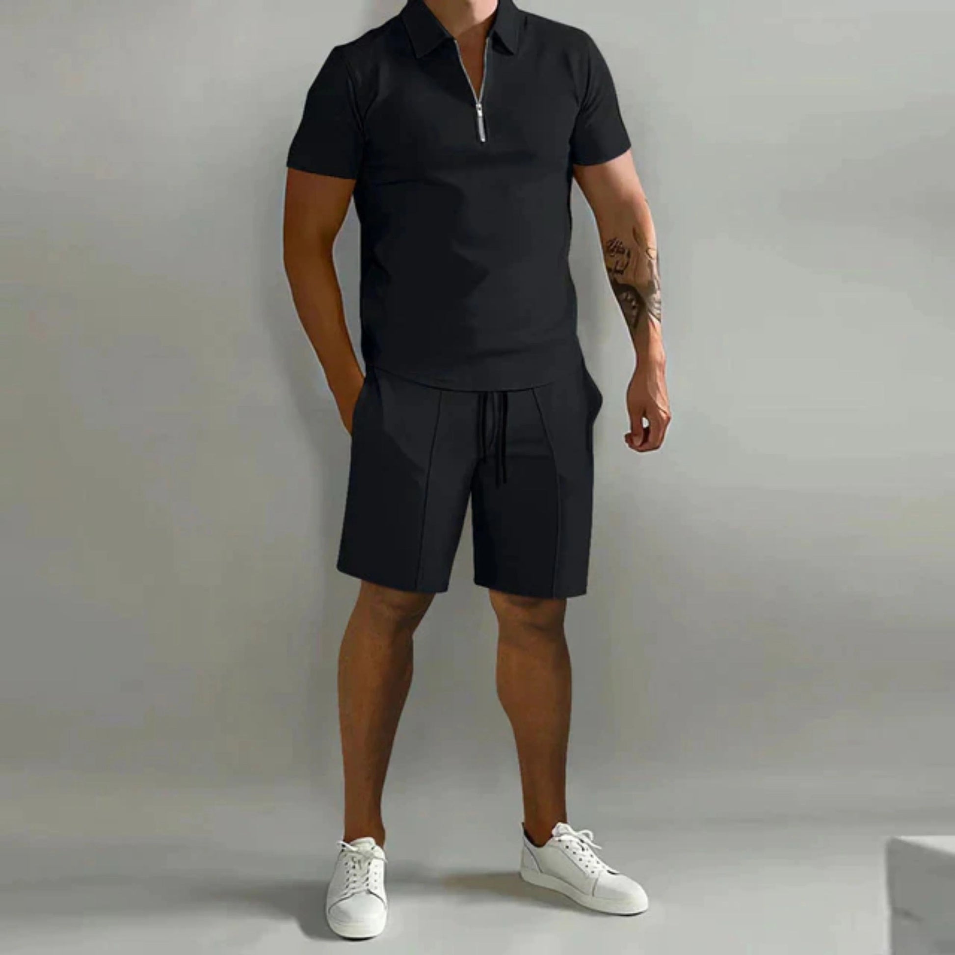 Homme Ensemble Polo Manches Courtes et Short avec Col Zippé
