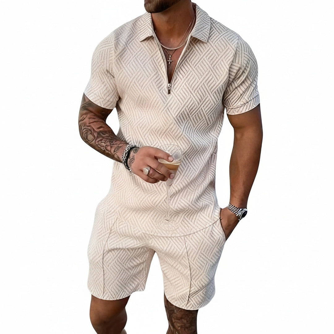 Homme Ensemble Polo Manches Courtes et Short avec Motif Géométrique en Relief