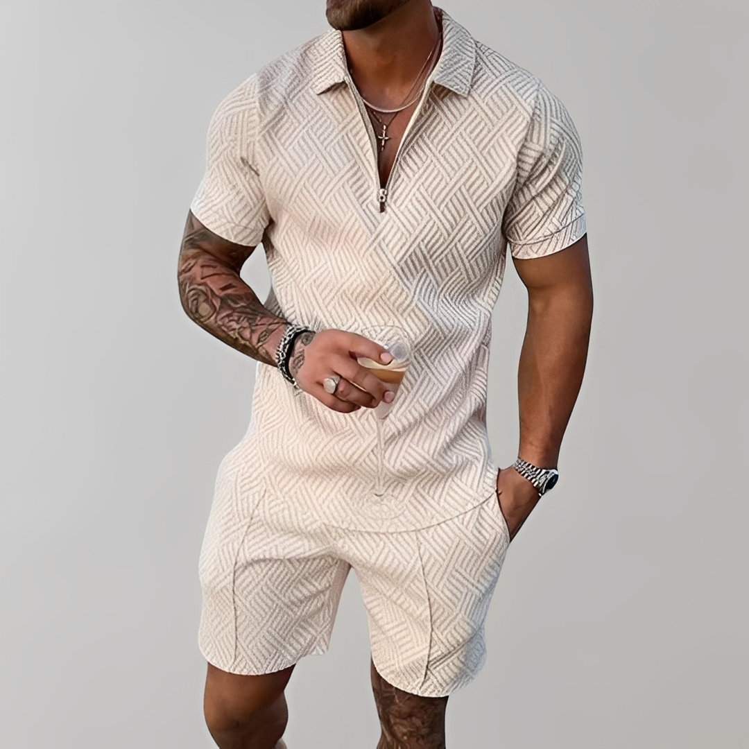 Homme Ensemble Polo Manches Courtes et Short avec Motif Géométrique en Relief