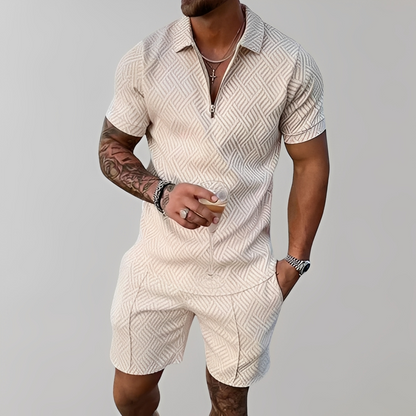 Homme Ensemble Polo Manches Courtes et Short avec Motif Géométrique en Relief
