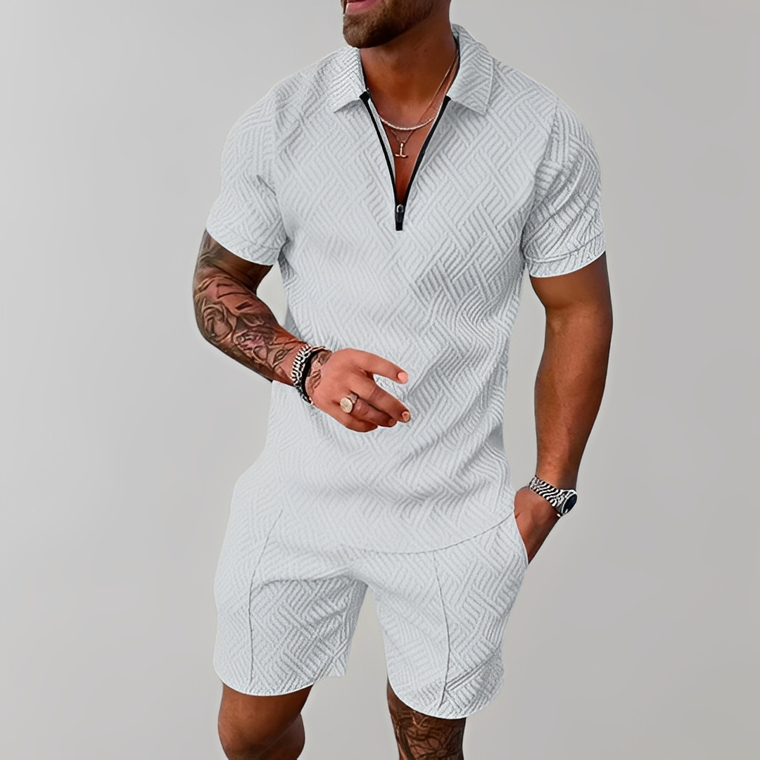 Homme Ensemble Polo Manches Courtes et Short avec Motif Géométrique en Relief