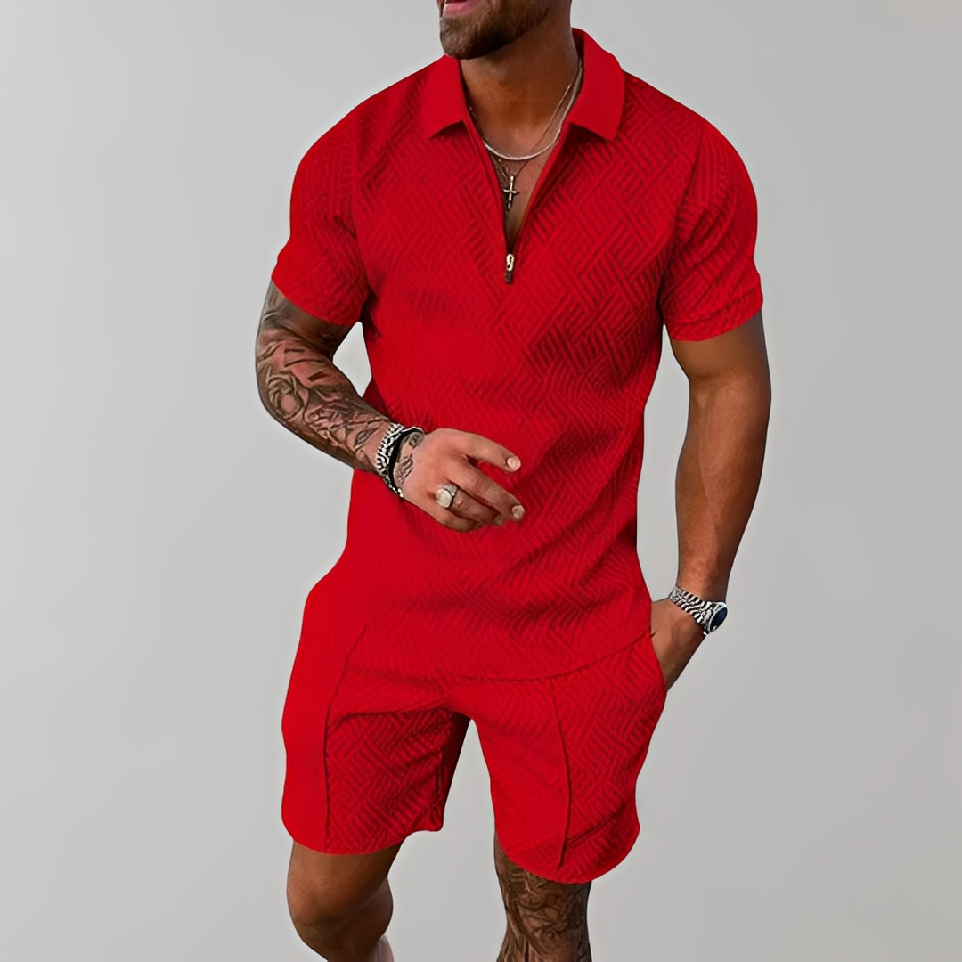 Homme Ensemble Polo Manches Courtes et Short avec Motif Géométrique en Relief