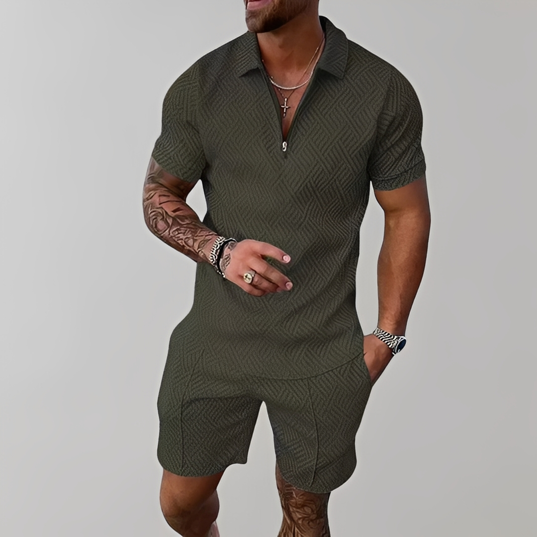 Homme Ensemble Polo Manches Courtes et Short avec Motif Géométrique en Relief