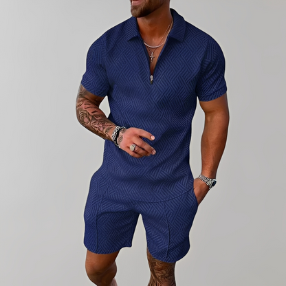 Homme Ensemble Polo Manches Courtes et Short avec Motif Géométrique en Relief