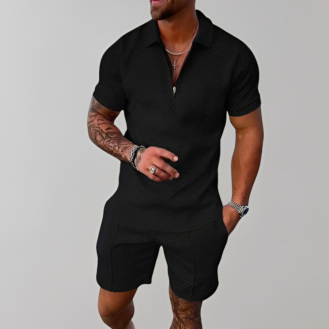 Homme Ensemble Polo Manches Courtes et Short avec Motif Géométrique en Relief