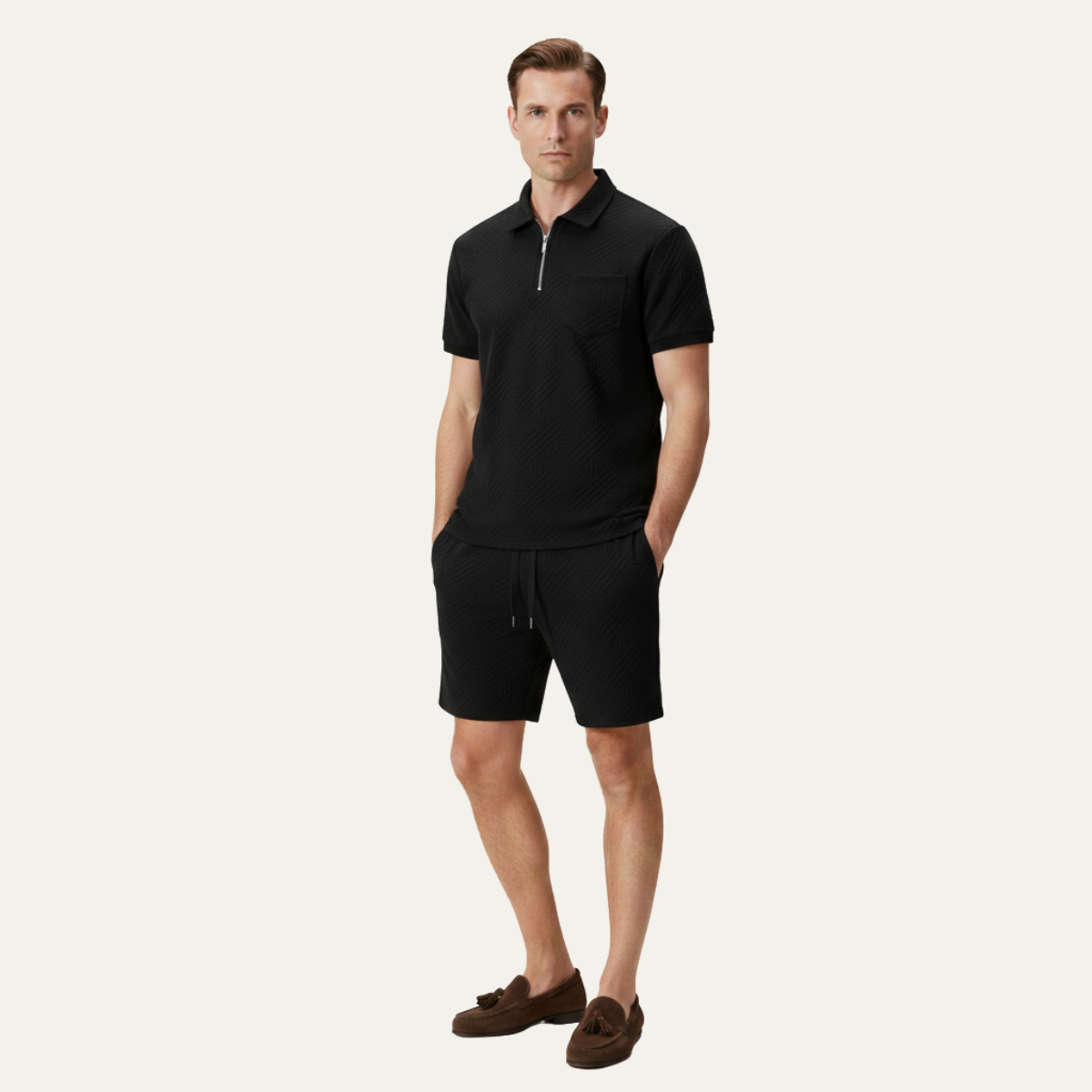 Homme Ensemble Polo Manches Courtes et Short avec Motif Jacquard