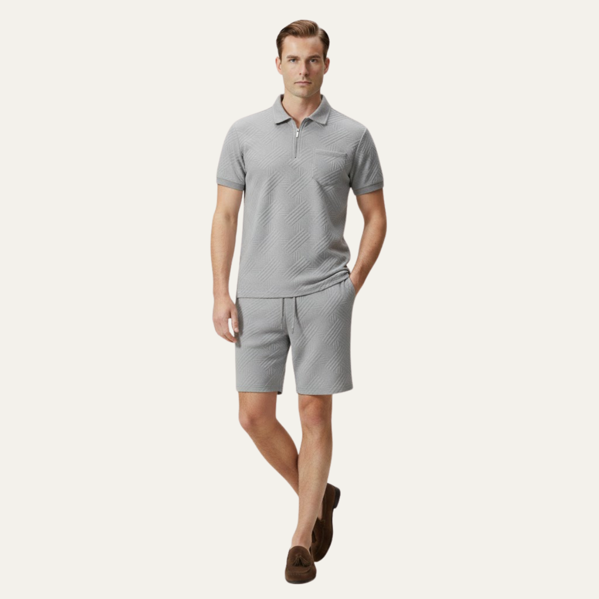 Homme Ensemble Polo Manches Courtes et Short avec Motif Jacquard