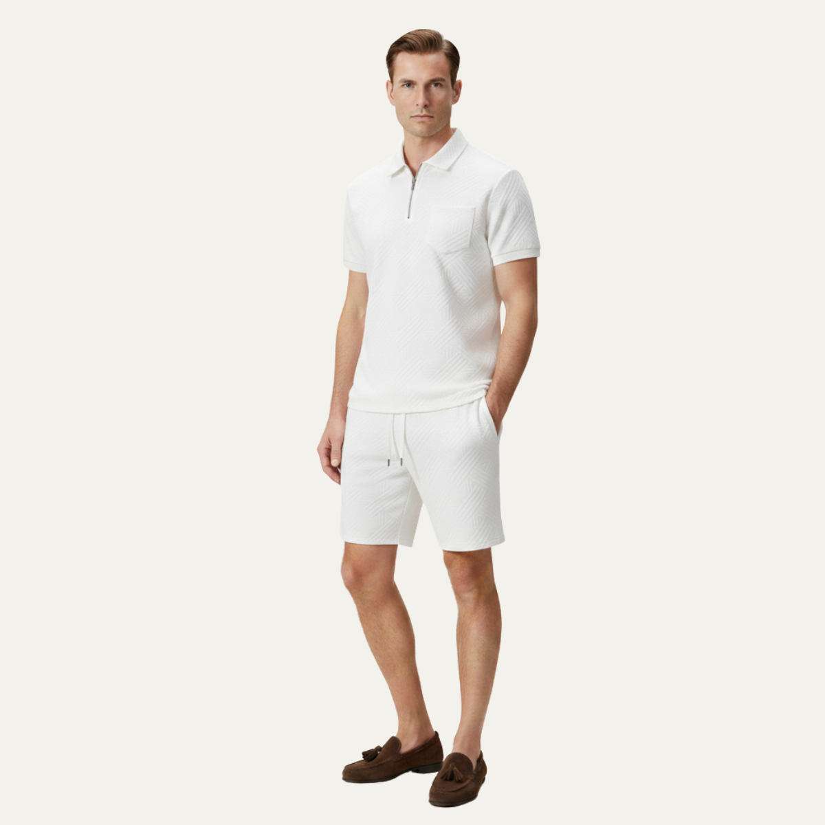 Homme Ensemble Polo Manches Courtes et Short avec Motif Jacquard