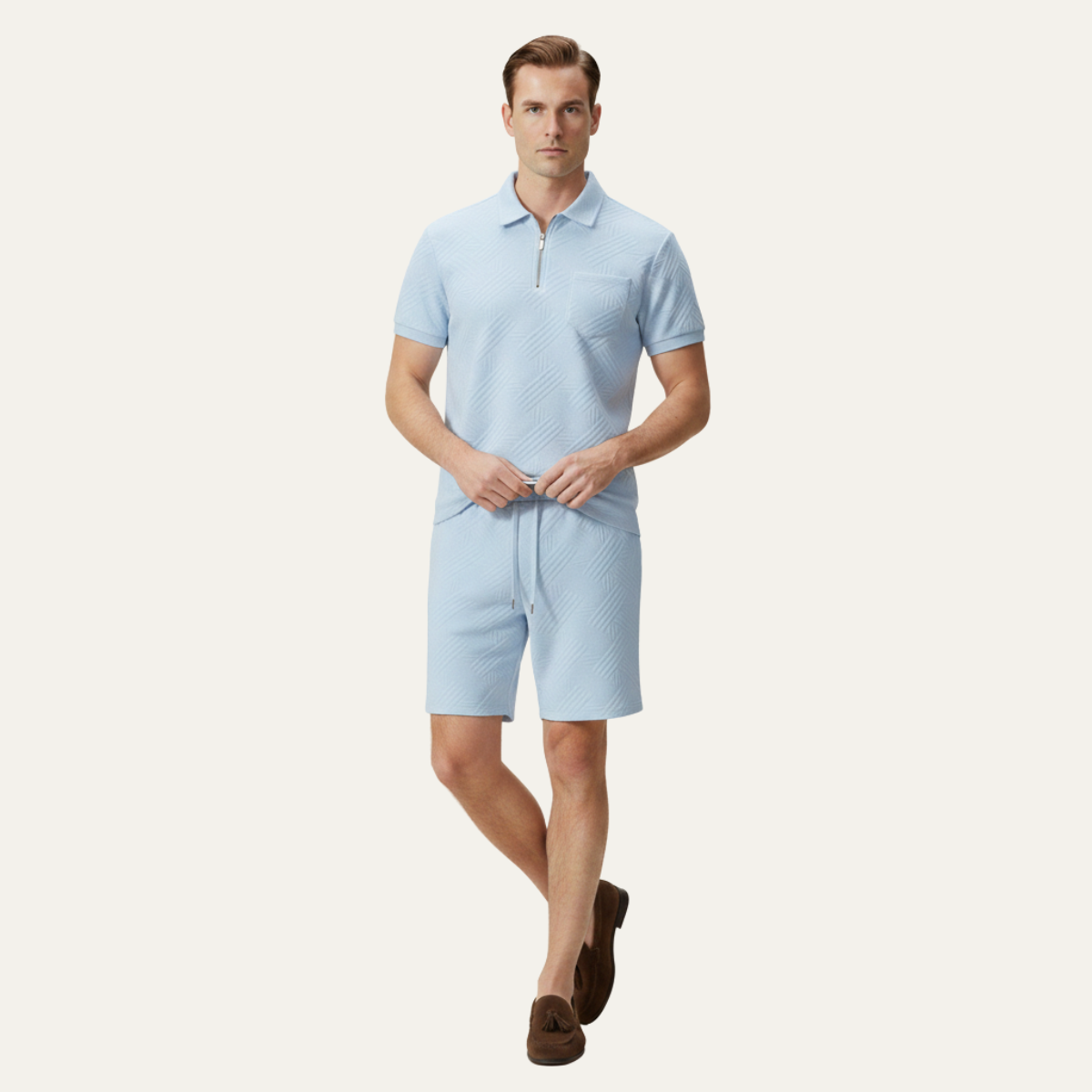 Homme Ensemble Polo Manches Courtes et Short avec Motif Jacquard
