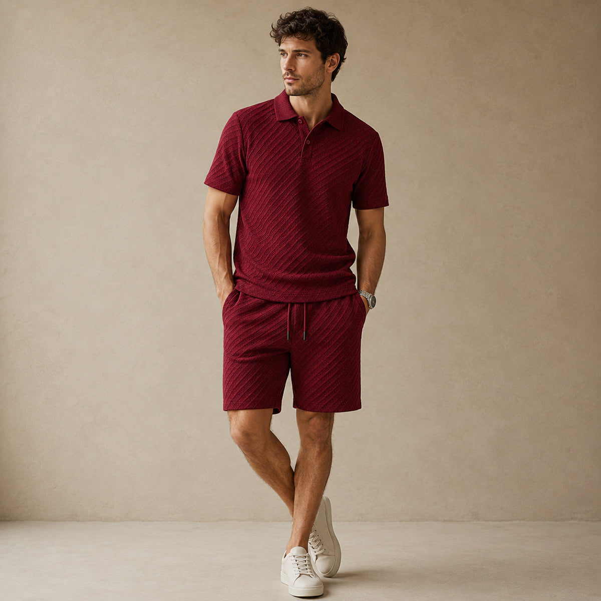 Homme Ensemble Polo Manches Courtes et Short avec Motif Texturé