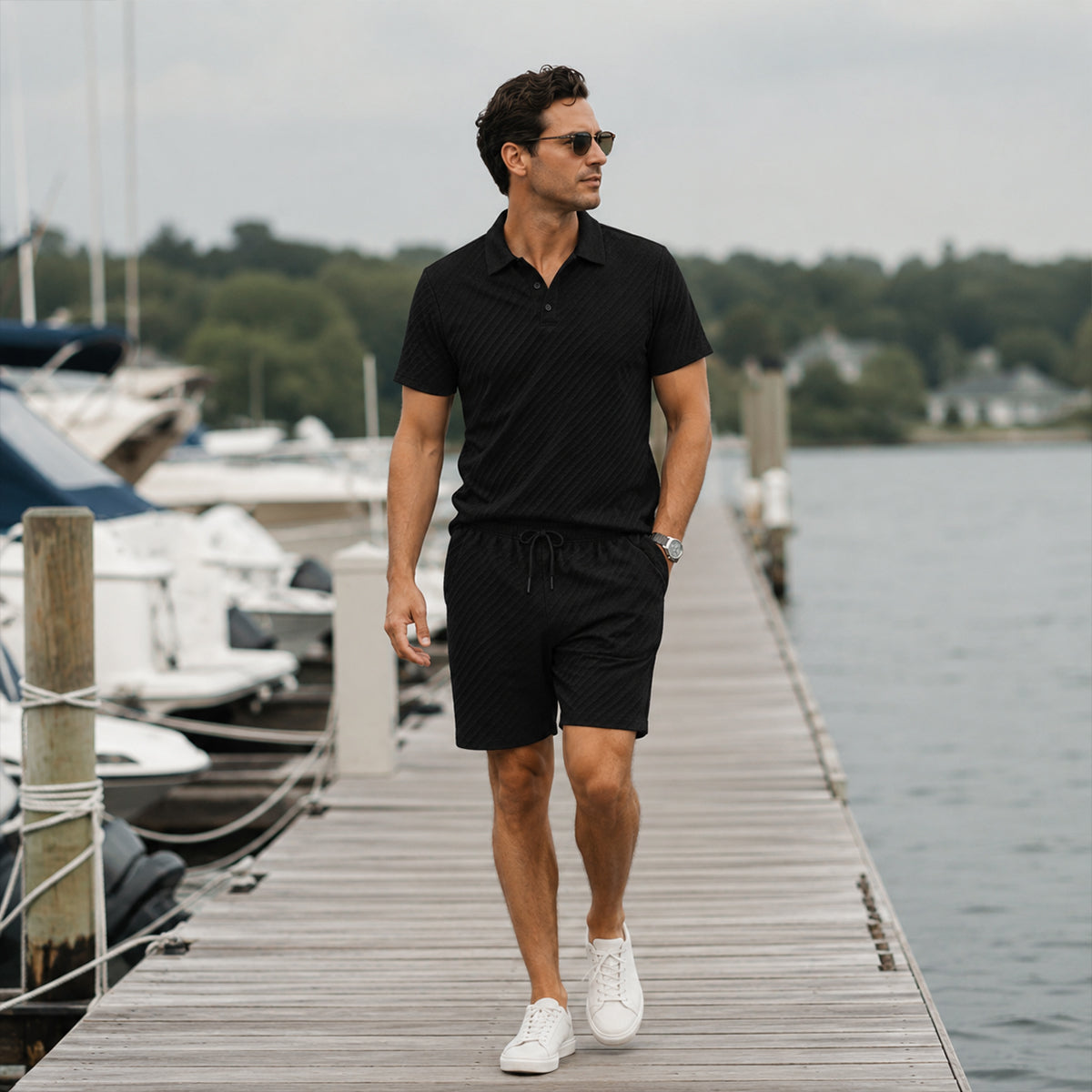 Homme Ensemble Polo Manches Courtes et Short avec Motif Texturé