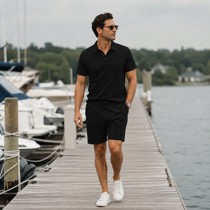 Homme Ensemble Polo Manches Courtes et Short avec Motif Texturé