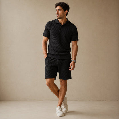 Homme Ensemble Polo Manches Courtes et Short avec Motif Texturé