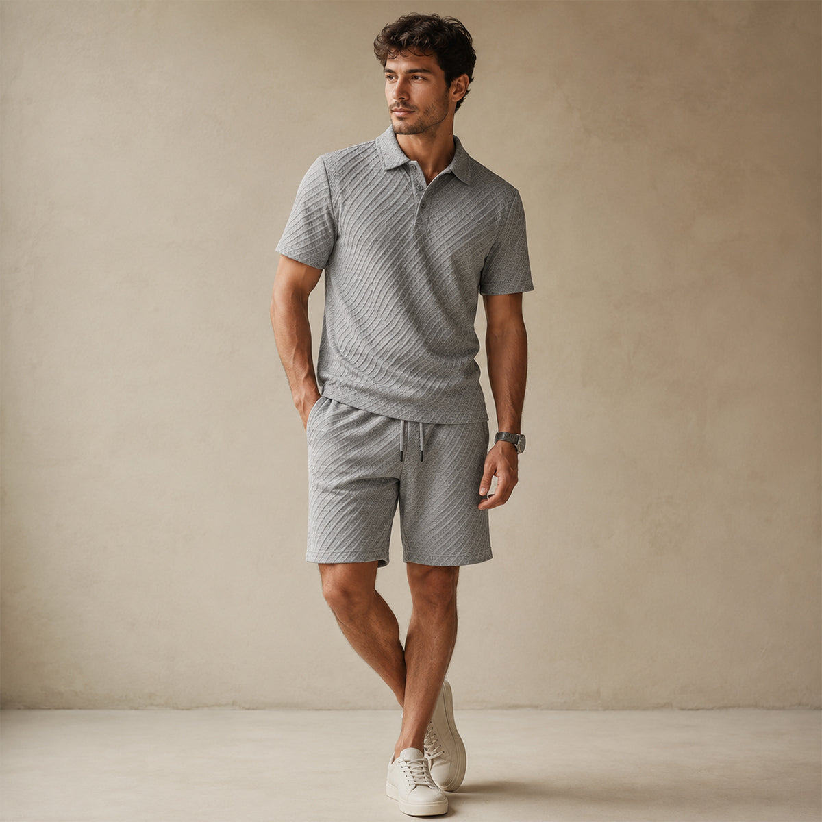 Homme Ensemble Polo Manches Courtes et Short avec Motif Texturé
