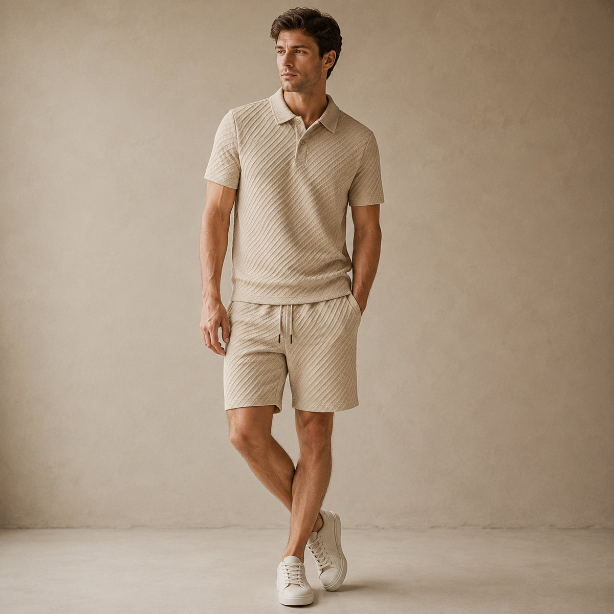 Homme Ensemble Polo Manches Courtes et Short avec Motif Texturé