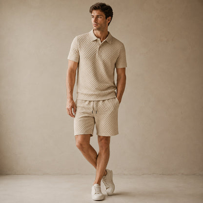 Homme Ensemble Polo Manches Courtes et Short avec Motif Texturé