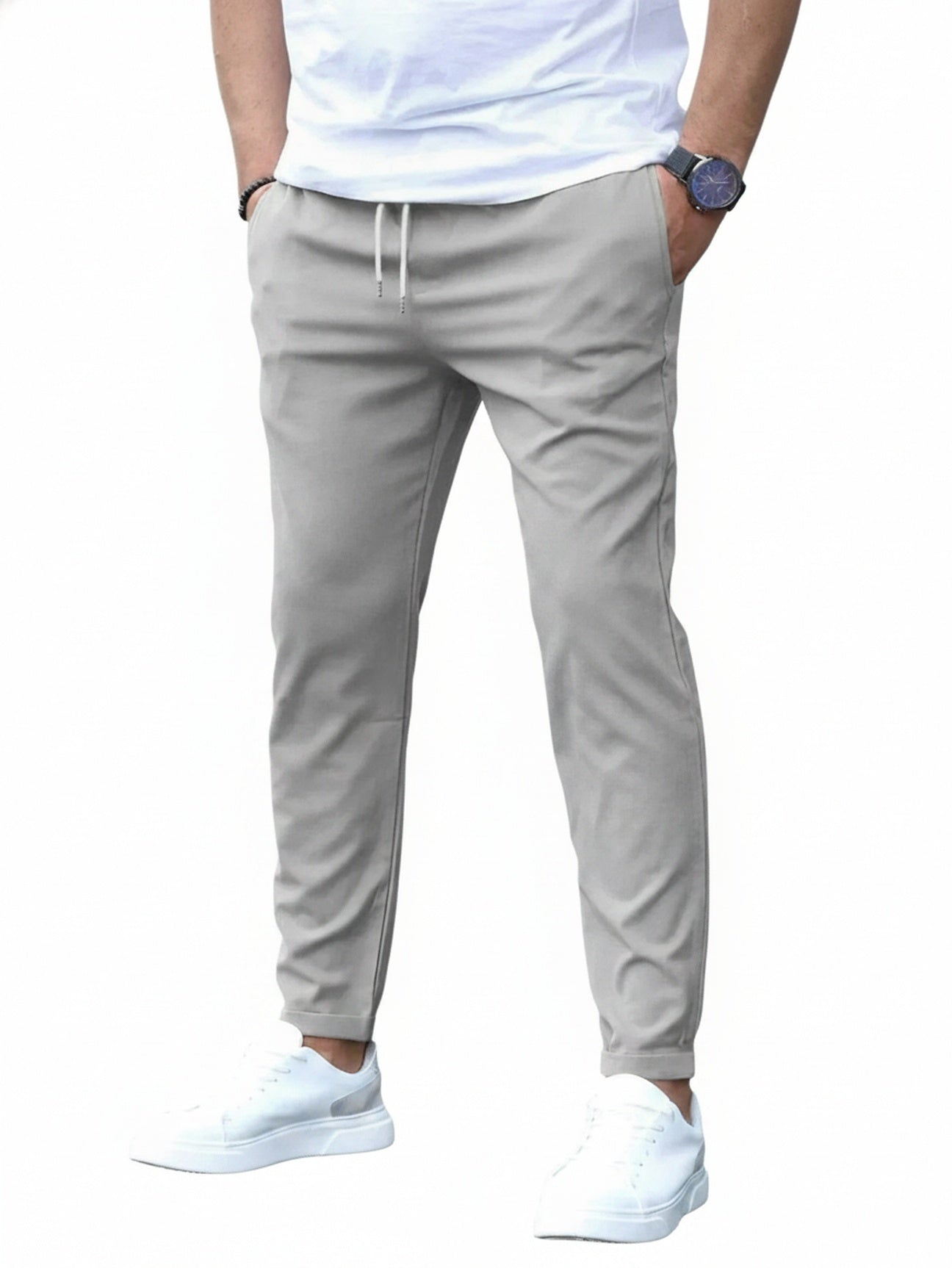 Homme Pantalon Chino Slim avec Cordon de Serrage et Poches Latérales