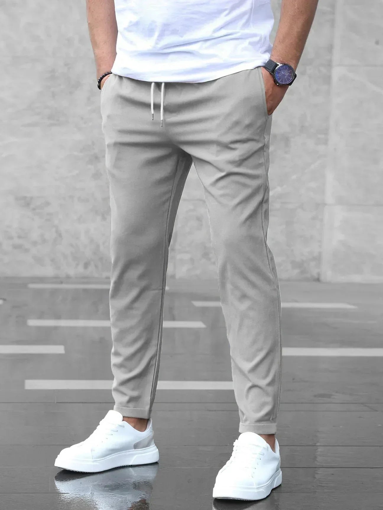 Homme Pantalon Chino Slim avec Cordon de Serrage et Poches Latérales