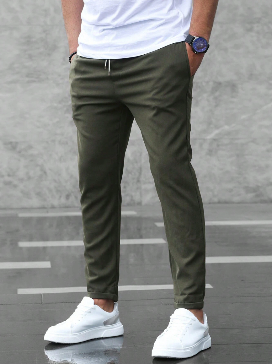 Homme Pantalon Chino Slim avec Cordon de Serrage et Poches Latérales