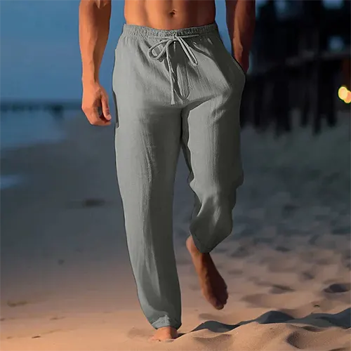 Homme Pantalon Droit à Taille Élastique et Cordon