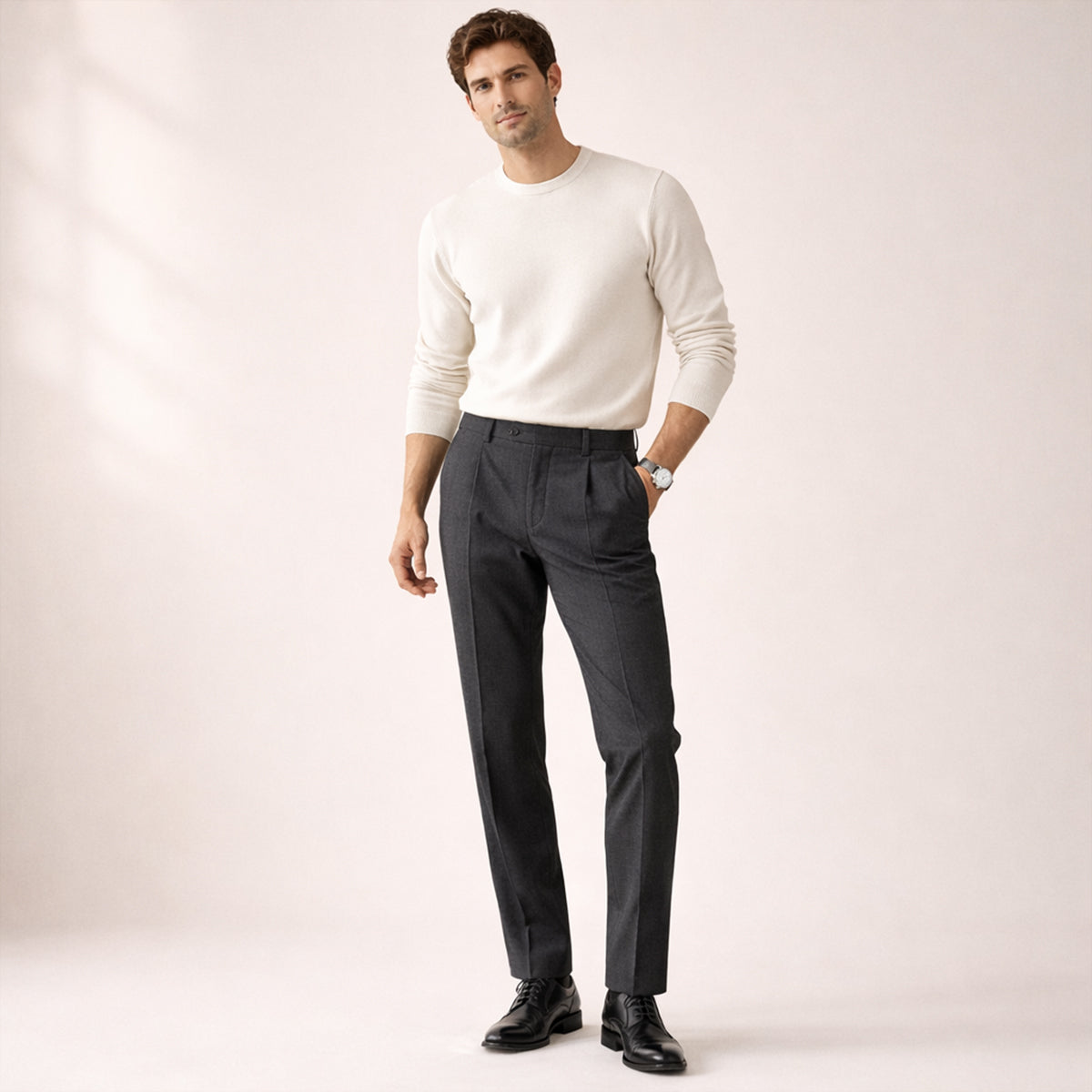 Homme Pantalon Habillé Taille Haute à Plis et Coupe Droite