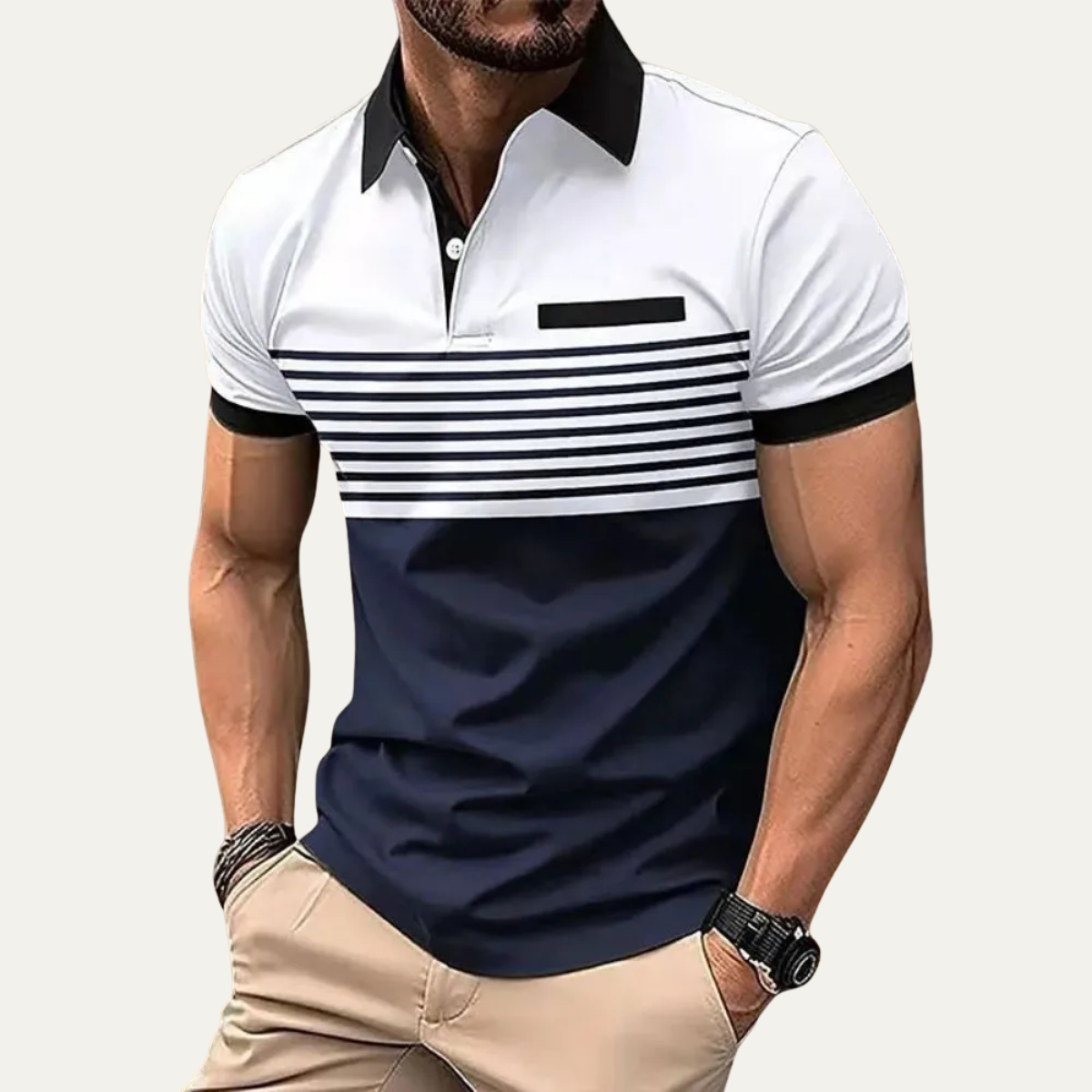 Homme Polo Manches Courtes à Rayures Colour Block Slim Fit avec Poche
