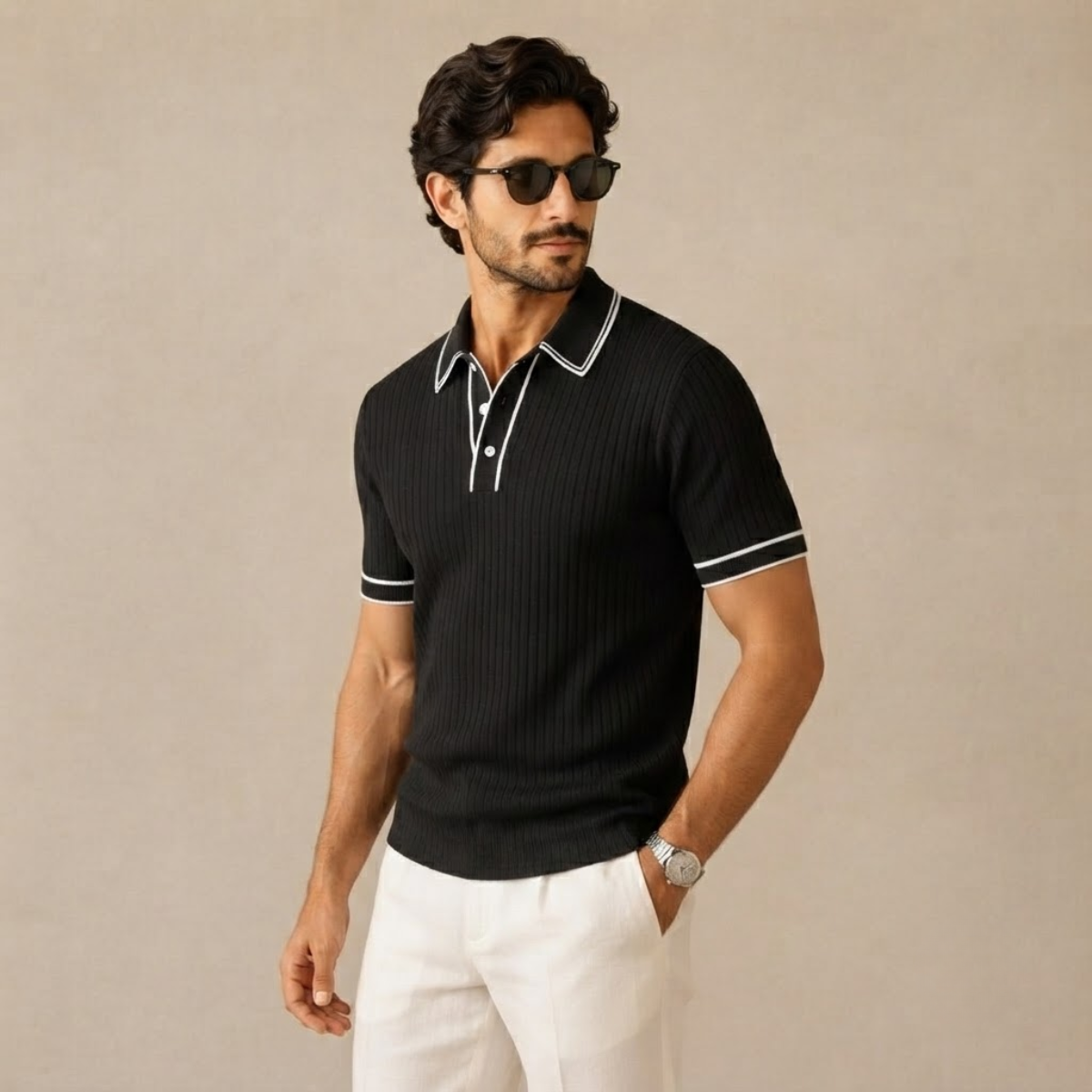 Homme Polo Manches Courtes à Texture Côtelée et Col Structuré