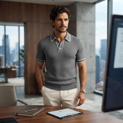 Homme Polo Manches Courtes à Texture Côtelée et Col Structuré