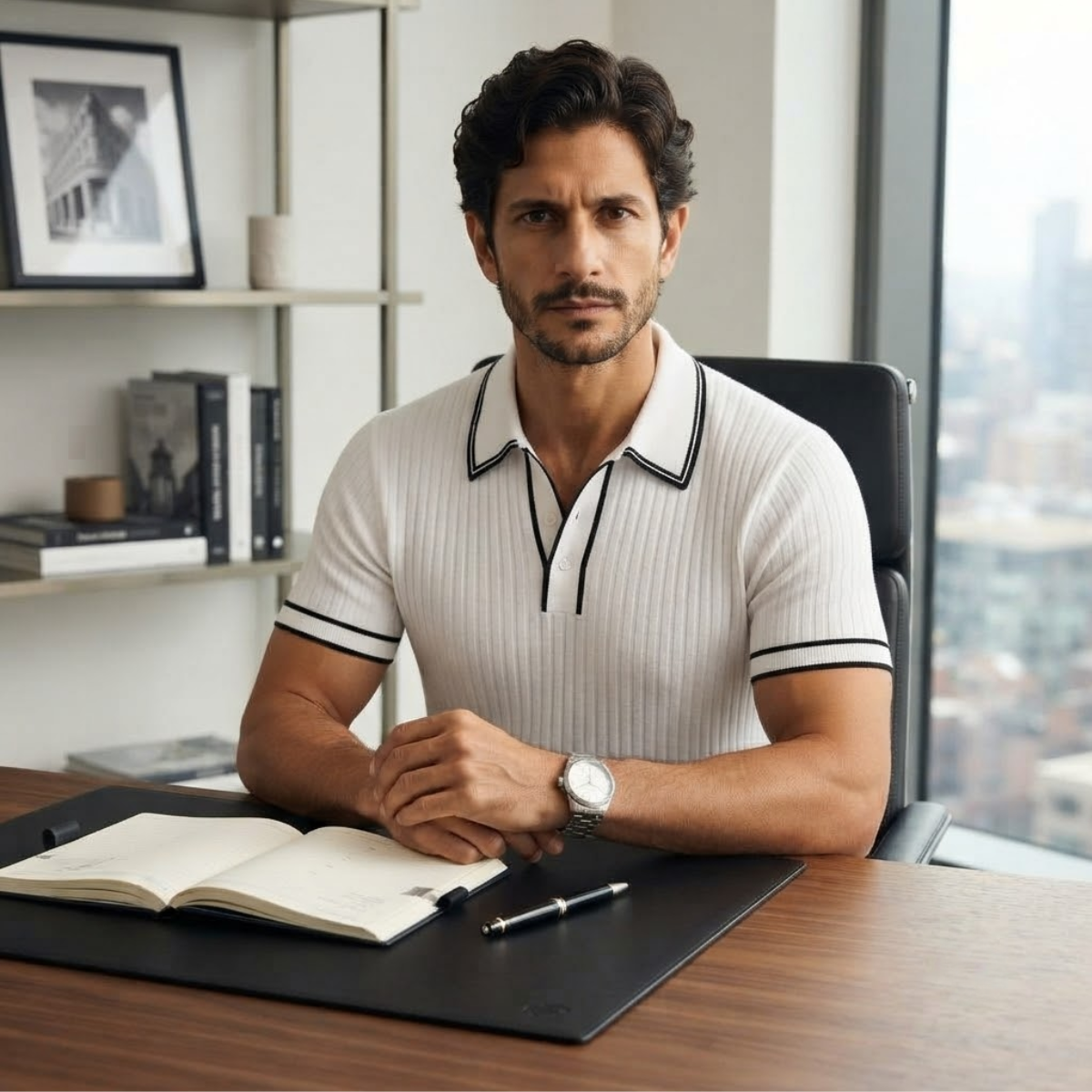 Homme Polo Manches Courtes à Texture Côtelée et Col Structuré