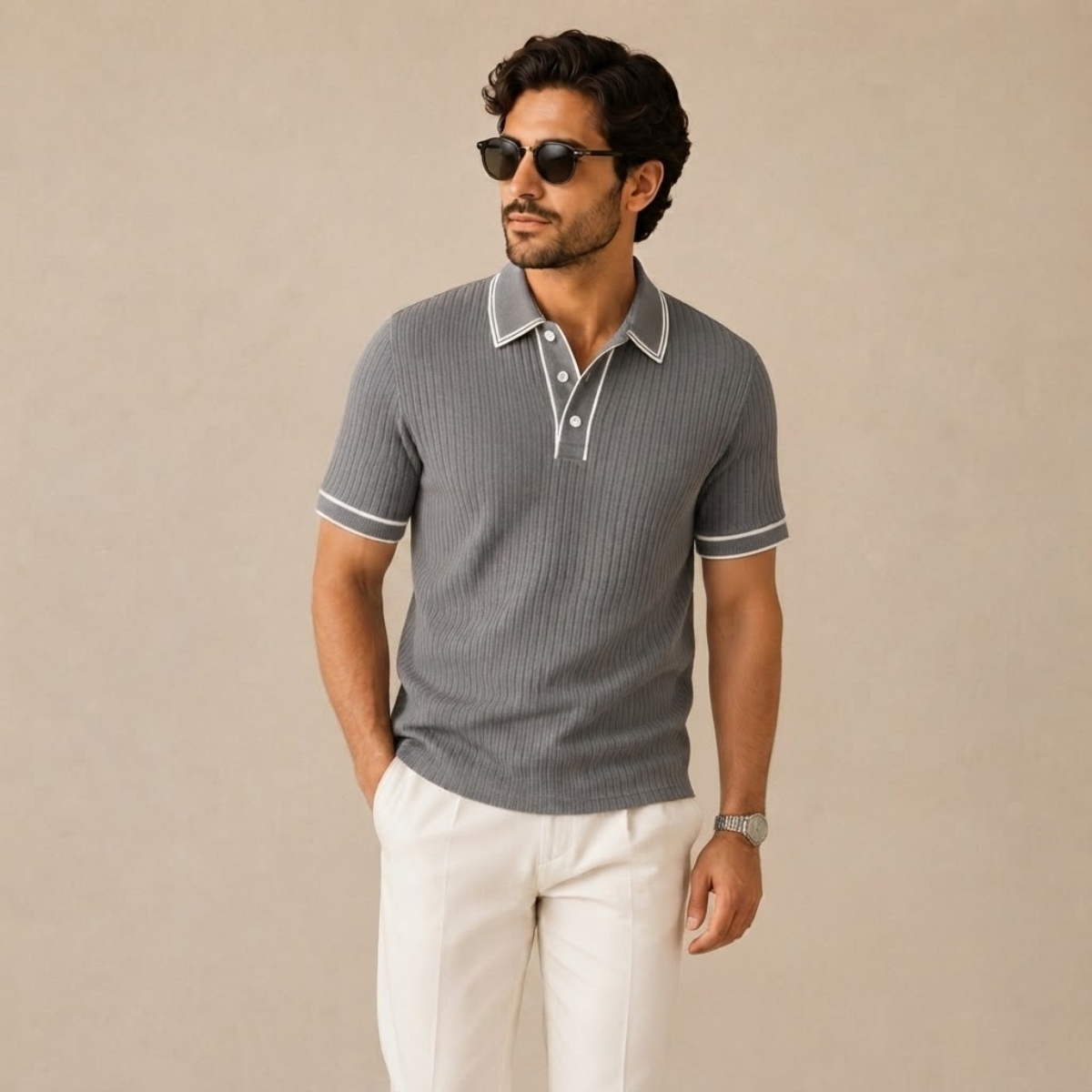 Homme Polo Manches Courtes à Texture Côtelée et Col Structuré