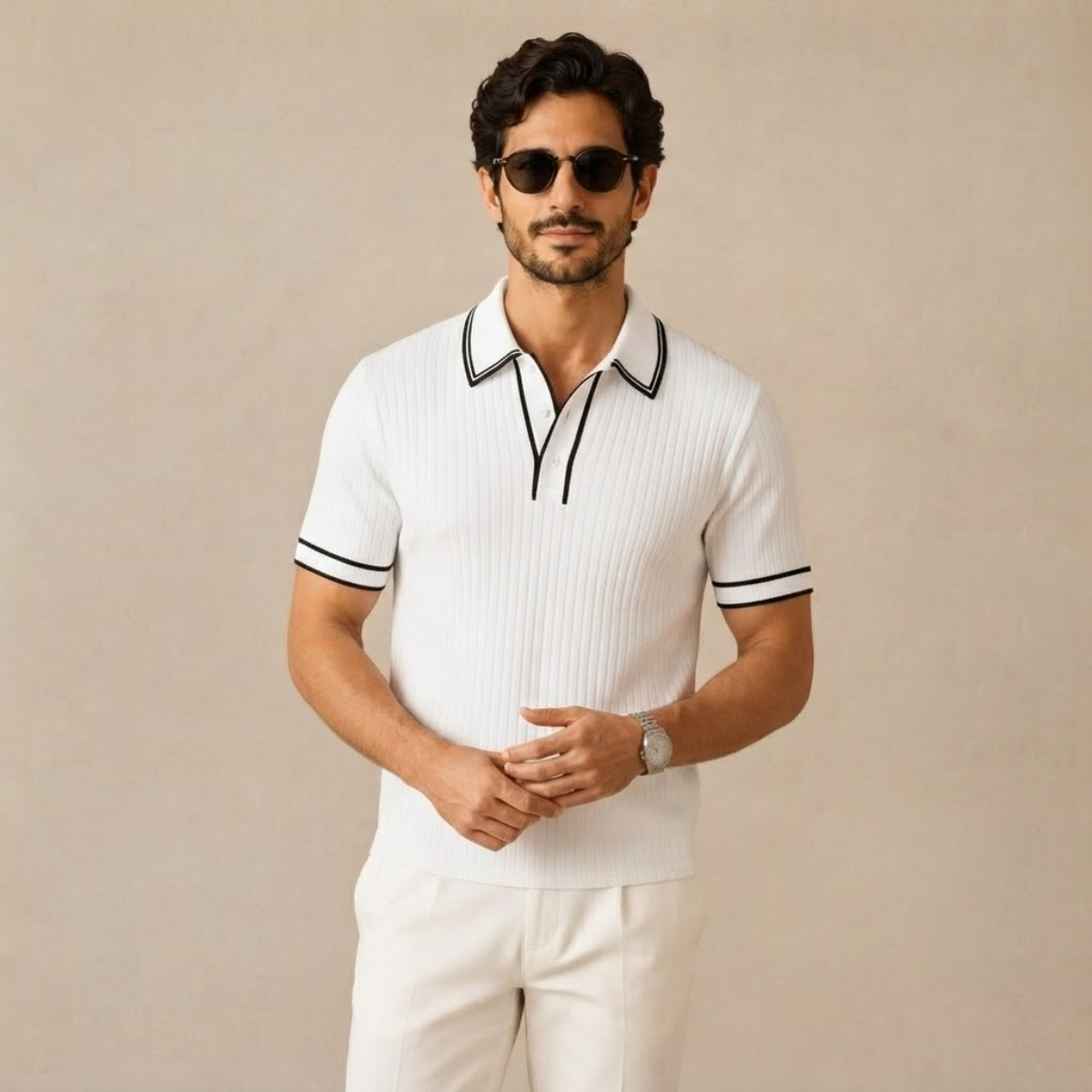 Homme Polo Manches Courtes à Texture Côtelée et Col Structuré