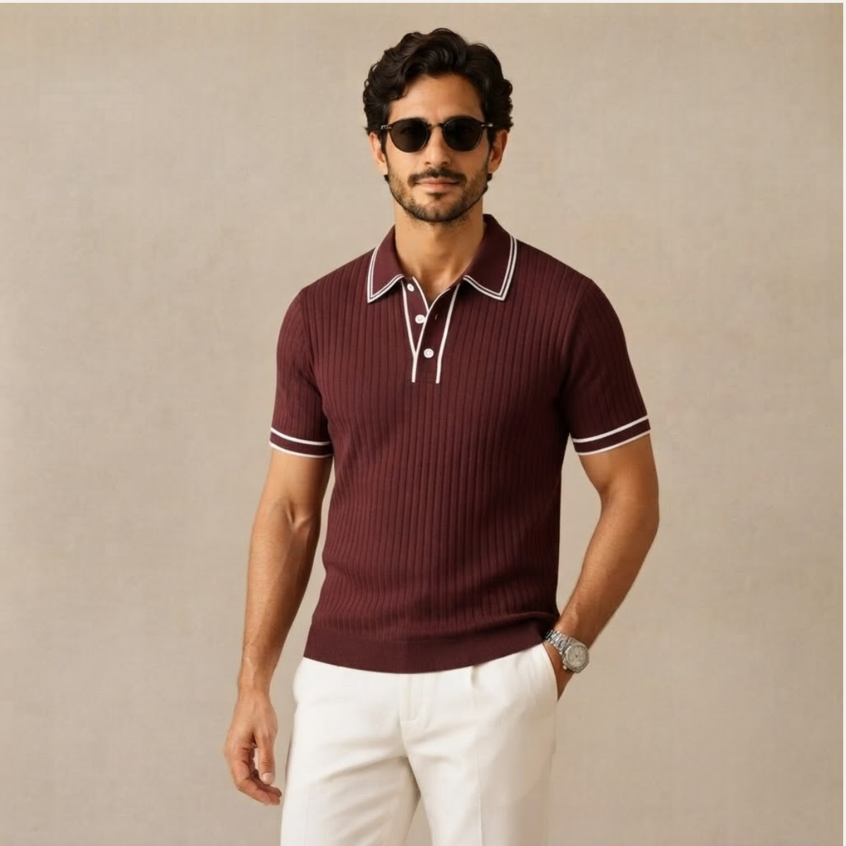 Homme Polo Manches Courtes à Texture Côtelée et Col Structuré