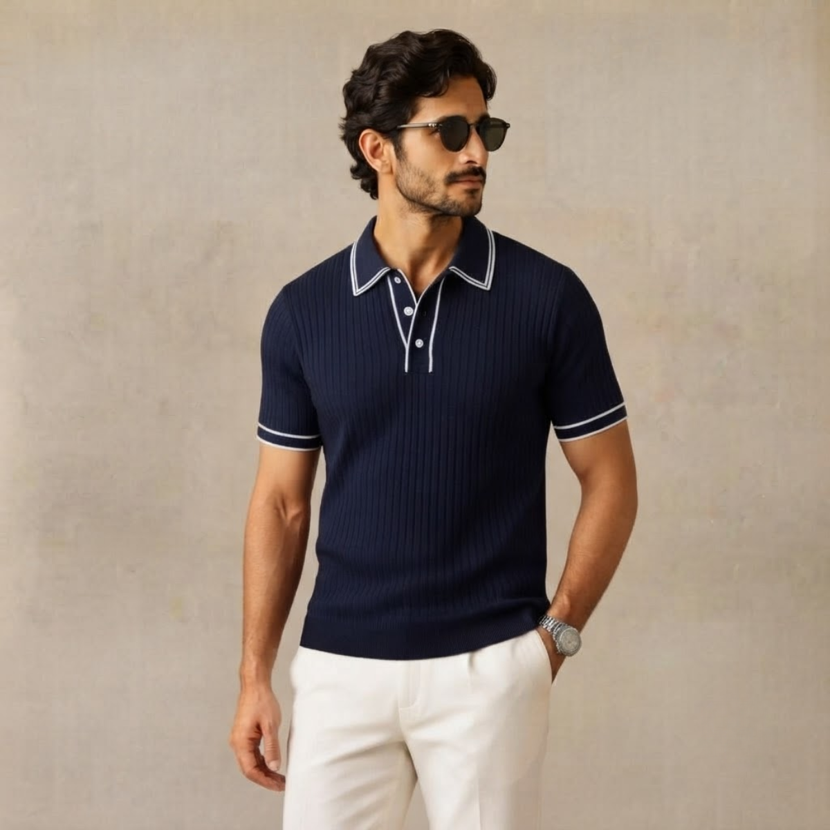 Homme Polo Manches Courtes à Texture Côtelée et Col Structuré